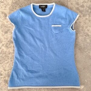 90s Express Babydoll Sweater Ringer Tee 100% Cashmere Knit Blue Y2k Size M